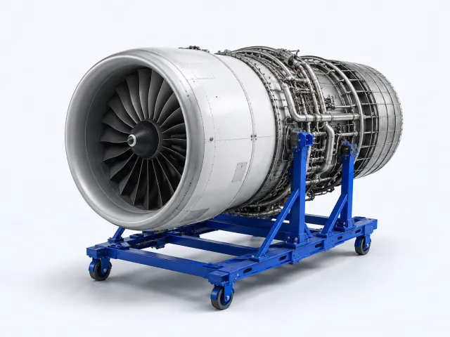 A civil aircraft engine on a stand.