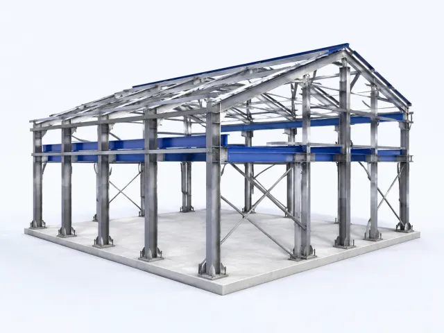 An industrial steel building frame.